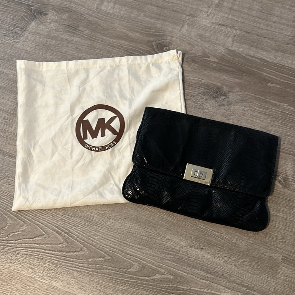 Michael Kors Woman’s Black‎ Python Embossed Leather Turnlock Slim Chain Bag